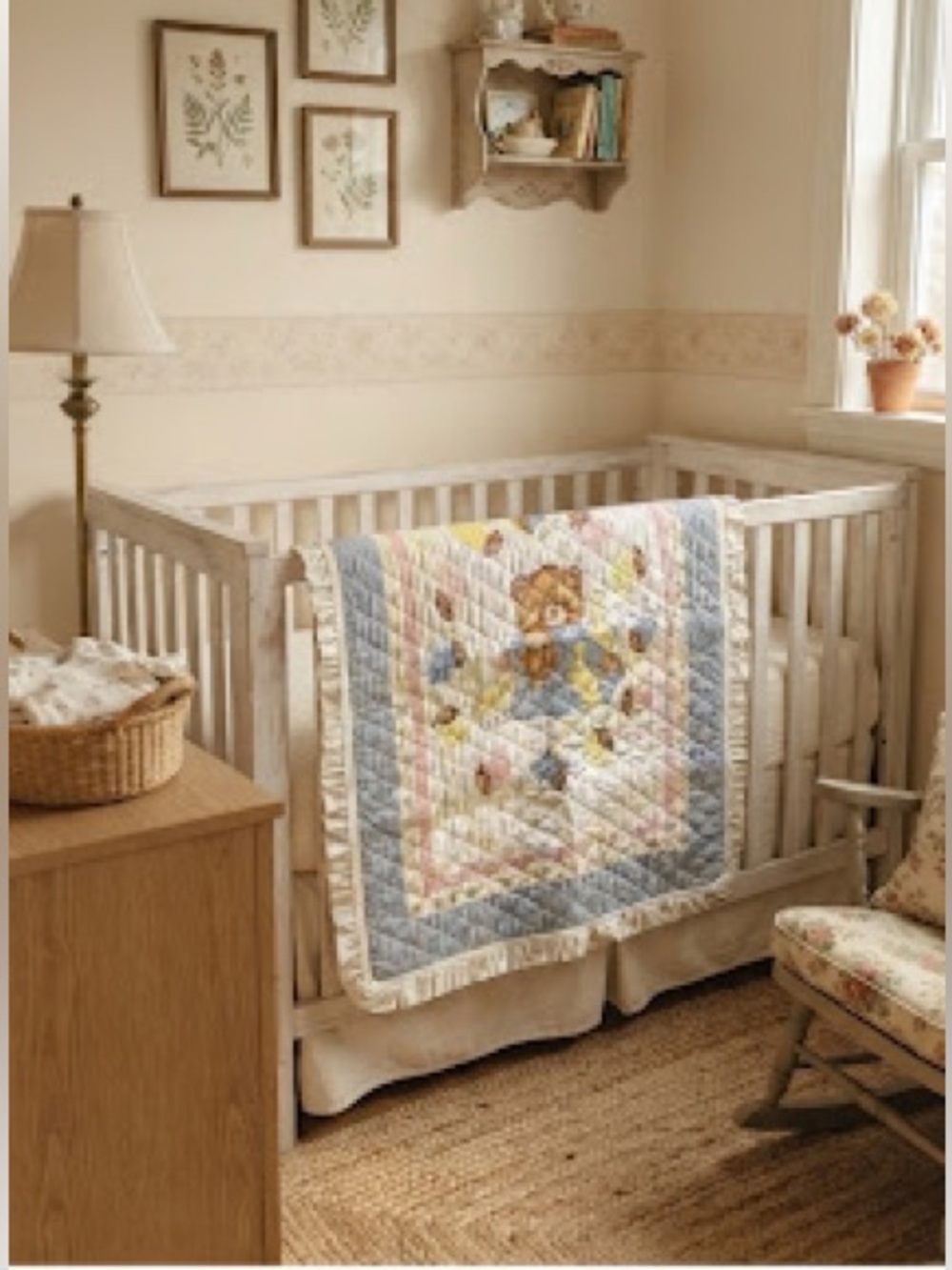Vtg Handmade Nursery Panel Baby Quilt with Ruffle Custom Cottagecore Teddy Bear